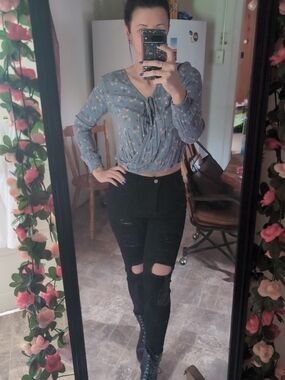 Hollister Blue Floral Long-Sleeve Tie-Front Blouse
